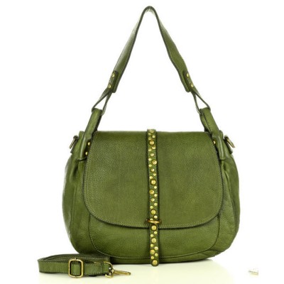 Grüne Damen Schultertasche Umhängetasche Leder im BOHO Stil mit nieten